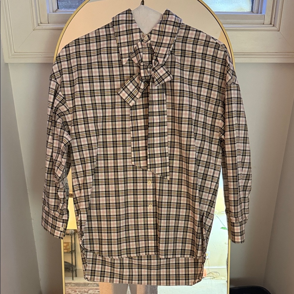 Plaid Men's style woman’s top with Bow Tie Accent